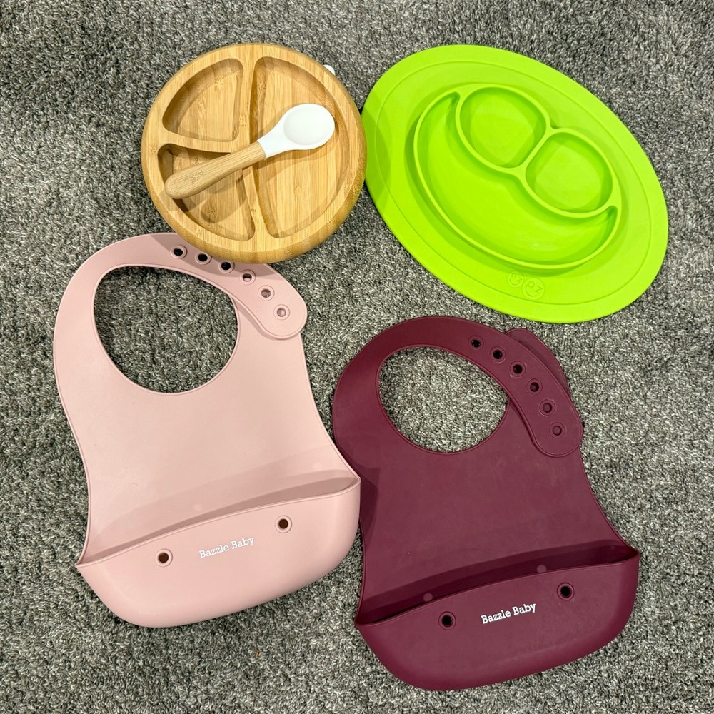 Bazzle Baby Silicone Bib Set - Pink and Burgundy, Ezpz green silicone plate